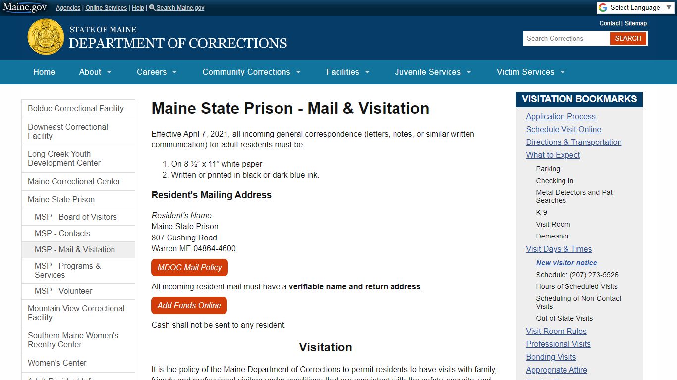 Maine State Prison - Mail & Visitation | Department of Corrections